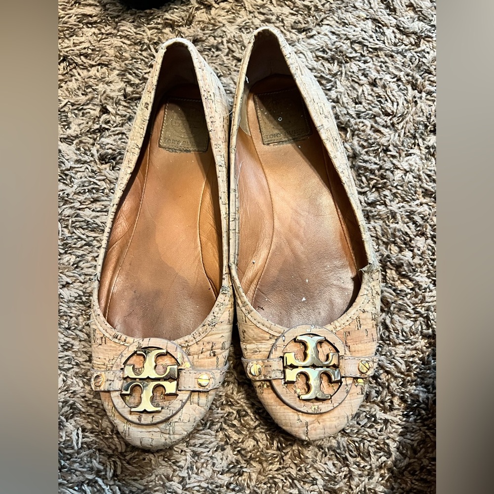 Tory Burch Cork Textured Flats-size 8 used but still have life in them